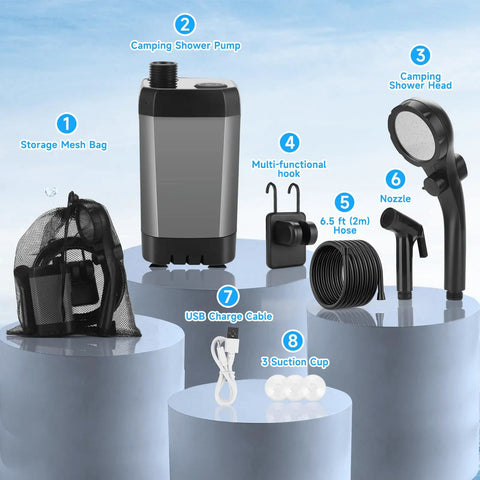 Power Packed Portable Camping Shower Kit With LED Battery And Temperature Display Rechargeable 6000mAh Battery Delivers 150 Minute Run Time Ideal For Outdoor Showers Pet Bath And Car Wash Type C Charge on display with accessories including pump, hose, and shower head