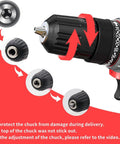 Close-up of keyless chuck adjustment on cordless drill set with battery and charger, 21V power drill for DIY projects.