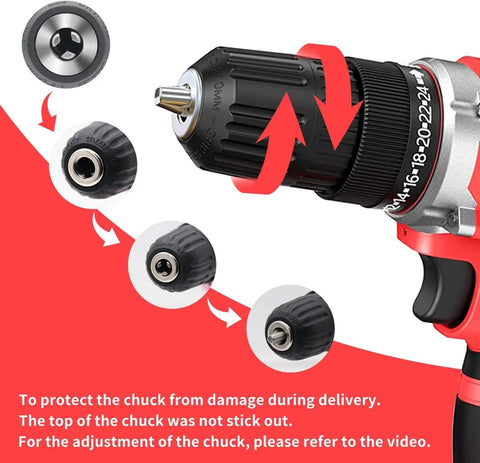 Close-up of keyless chuck adjustment on cordless drill set with battery and charger, 21V power drill for DIY projects.