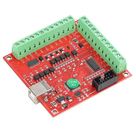 4 Axis CNC Breakout Board Motion Controller Card With 100KHz Step Pulse Frequency USB Interface For Stepper And Servo Motors Dope Performance Supports Probes Emergency Input Limit Switches And Handwheel Manual Control, red PCB board