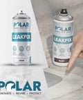 LeakFix Spray Waterproof Roof Sealant 2 Pack 13.5 Fl Oz Each Instantly Truly Seals Leaks And Cracks For Lasting Protection On Roofs Drainpipes And Gutters shown in use with clear and black spray cans.