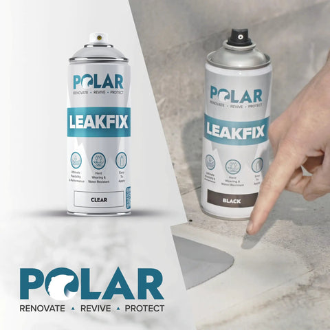 LeakFix Spray Waterproof Roof Sealant 2 Pack 13.5 Fl Oz Each Instantly Truly Seals Leaks And Cracks For Lasting Protection On Roofs Drainpipes And Gutters shown in use with clear and black spray cans.
