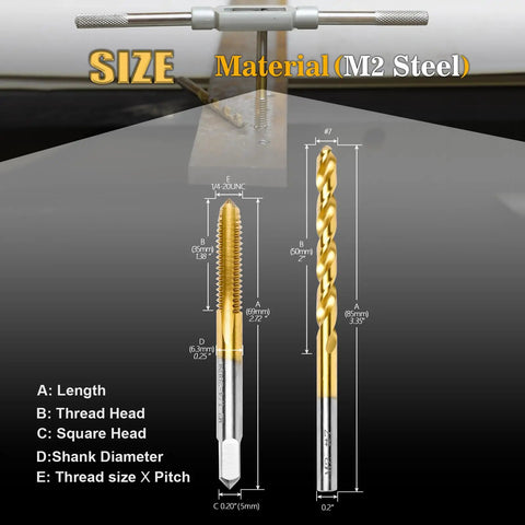 Pro Grade 1/4-20 UNC Tap And Number Seven Drill Bit Set, M2 HSS threading drill and tap kit, titanium plated, size chart shown
