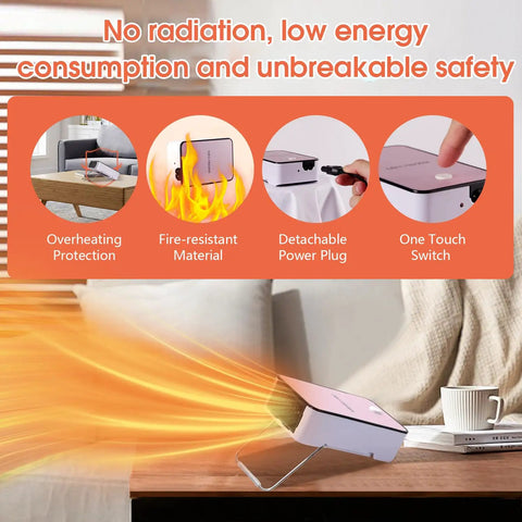 Portable PTC Ceramic Space Heater That Cranks Out Quick Heat In 3 Seconds, Compact Desk Warmer on a table with safety features displayed