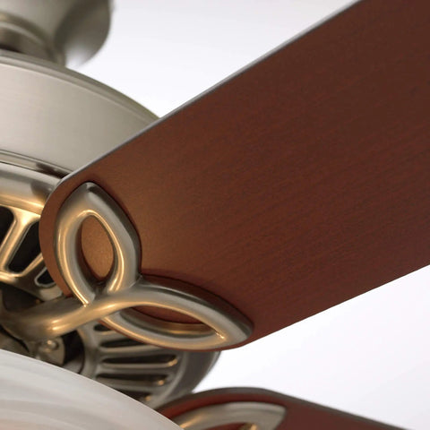 Close-up of Traditional Style 42 Inch Five Blade Ceiling Fan in White with Frosted Globes and Light Kit includes detailed blade design.