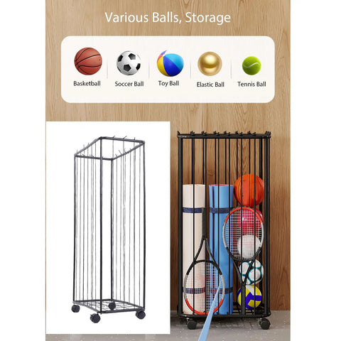 Heavy Duty Garage Ball Storage Rack Smooth Rolling Sports Organizer Cart with various sports balls including basketballs and soccer balls.