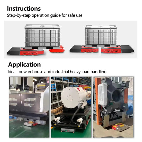 Powerful Heavy Duty Electric Machine Skates With Wireless Remote Control For Moving Massive Gear Loads Up To 25 Tons In Factories And Warehouses, shown with equipment.