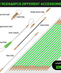 45Ft Fiberglass Running Wire Cable Kit With Glow Rods And Fish Tape, 32 rods, 8 attachments shown, detailing tools for conduits.