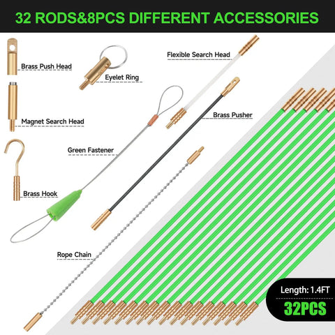 45Ft Fiberglass Running Wire Cable Kit With Glow Rods And Fish Tape, 32 rods, 8 attachments shown, detailing tools for conduits.