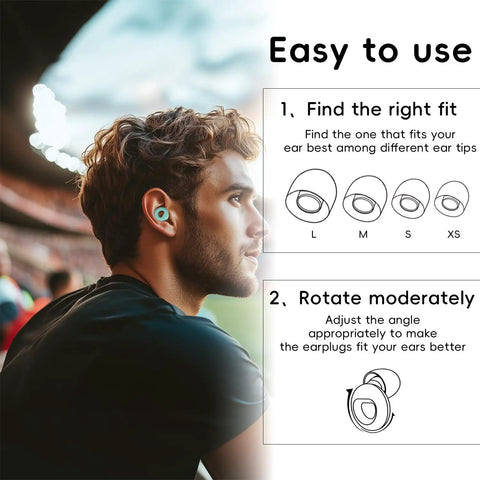Man using Ultra Comfortable Noise Canceling Earplugs For Sleep And Focus, Flexible Reusable Two Pack in a light green color.