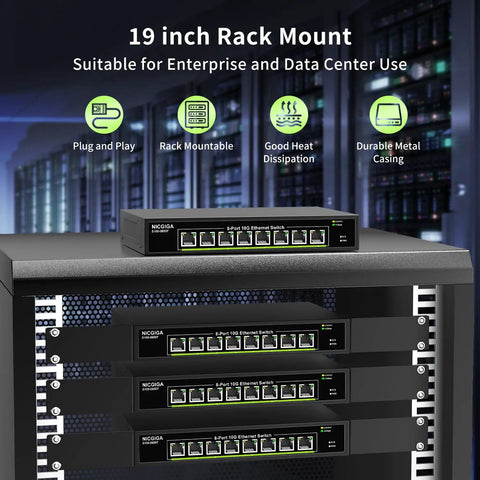 Front view of a 8 Port 10G Ethernet Unmanaged Switch with 8x 10Gb Base-T ports, shown in a 19 inch rack mount setup.