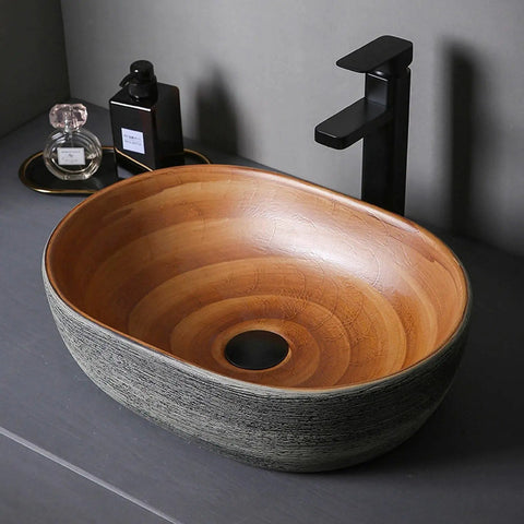 Countertop Bathroom Sinks Ceramic Carving/Oval Bathroom Sink Handmade Countertop Vessel Bathroom Sink 15.7 X 10.6 X 5.1 Inches with unique design.