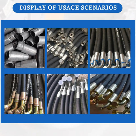 Badass Heavy Duty Electric Hose Crimper And 10 Die Sets 3600 KN Hydraulic Press showing various crimped hoses and fittings.