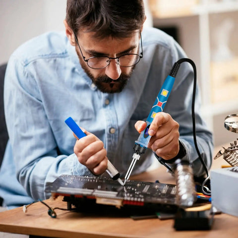 Man using 80W Soldering Iron Kit With Digital LCD Display Pro Grade Adjustable Temperature On Off Switch Fast Heating Thermostatic Design 12 In 1 DIY Solder Gun to work on a circuit board.