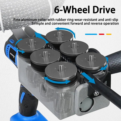 Close-up of the 6-wheel drive feature on the Hardcore Cordless Wire Threader, showcasing fine aluminum rollers and rubber rings.