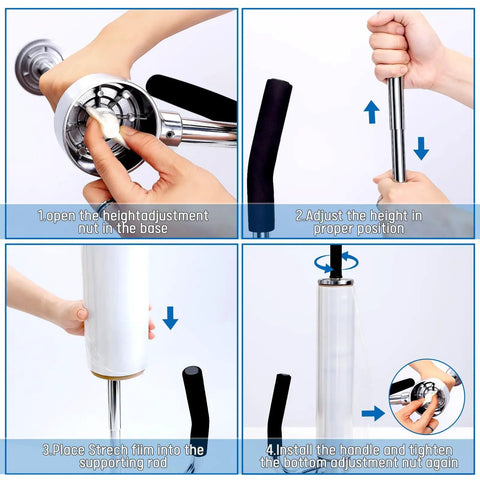 Manual Pallet Stretch Film Dispenser With Built In Cutter And Film Holder Handy Easy Assembly Adjustable For Multiple Roll Sizes Durable Shrink Wrap Tool For Fast Secure Pallet Wrapping showing height adjustment and film loading