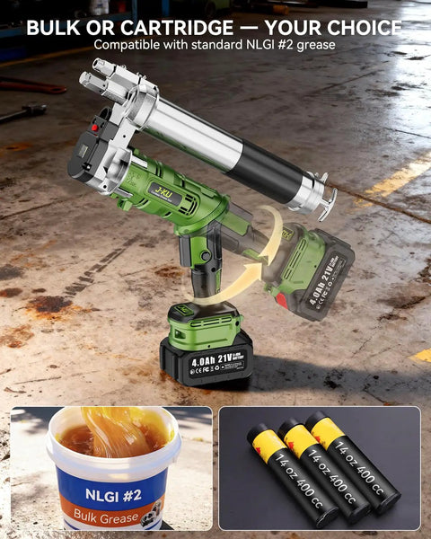 Beefed Up Cordless Electric Grease Gun With 2x4.0Ah Batteries, 12000 PSI High Flow At 5.3 Ounces Per Minute, 39.4 Inch Hose