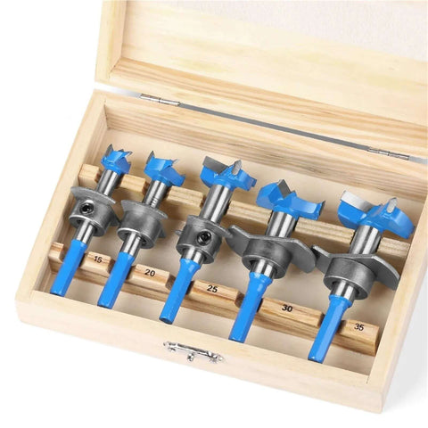 Hinge hole opener drill bit set in wooden case; blue handles, metal cutters, sizes 15–35 mm