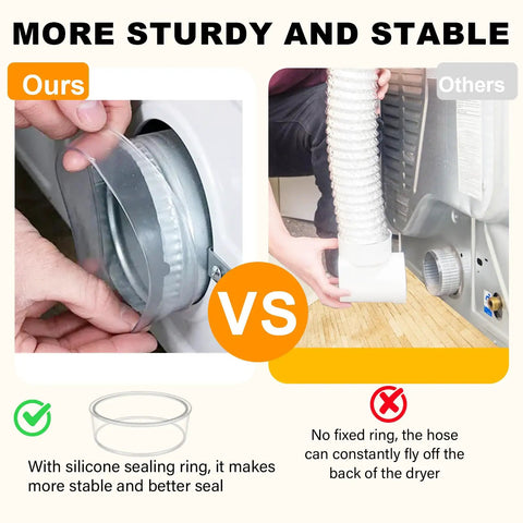 Comparison of dryer vent hose attachment methods, highlighting Flexible 4 Inch Dryer Vent Hose Kit use with silicone sealing ring.