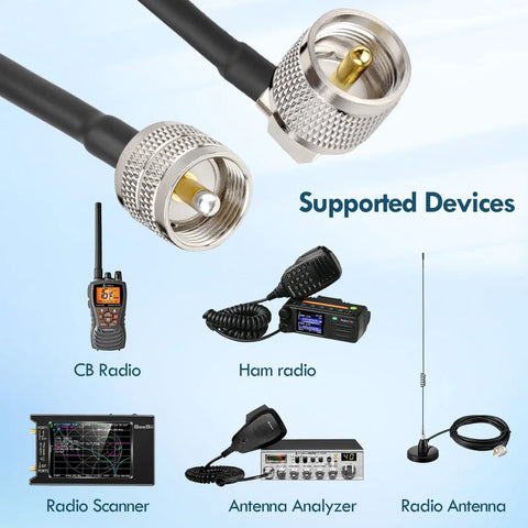 Low Loss RG58 Coax Cable With Right Angle PL259 Male To Male For CB Radio And HAM Gear 12 Ft Antenna Jumper connections.