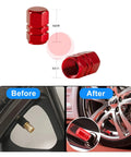 Red valve stem caps with before and after installation on car wheel