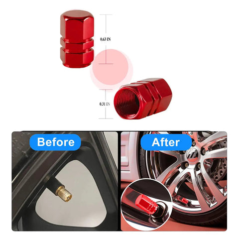 Red valve stem caps with before and after installation on car wheel