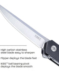Compact EDC Pocket Folding Knife With Liner Lock Black Finish Slick Flipper Deployment IKBS Ball Bearing Pivot High Carbon Stainless Steel Blade Lightweight Glass Reinforced Nylon Handle Easy Sharpening Everyday Carry Ready, open blade