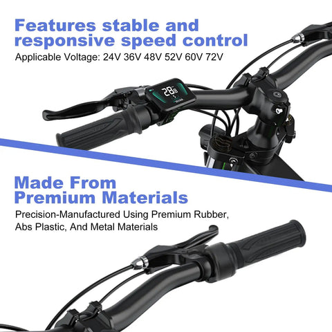 20X Full Twist Throttle for E Bikes and Scooters, black handlebar with digital display, made from rubber, ABS, and metal for smooth control.