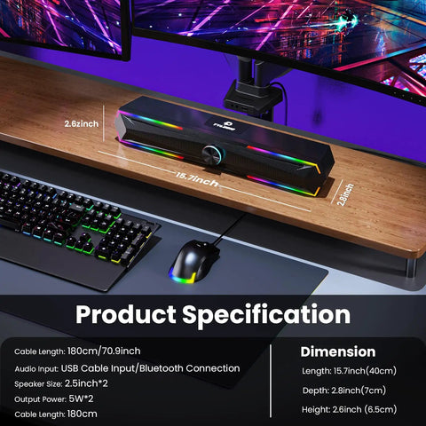 Desktop Computer Speakers With Clear Stereo Sound And Flowing LED Lights, Bluetooth And USB Input, 2x5W Power, on desk