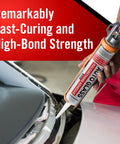 Applying Fast Curing Windshield Adhesive For Auto Glass Replacement Pro Grade Urethane Sealant in Black, with red grip handle.