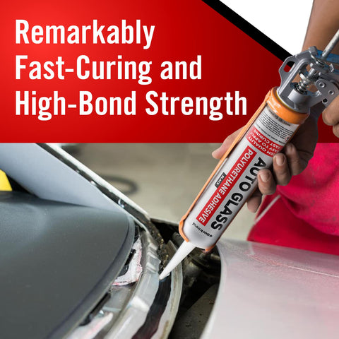 Applying Fast Curing Windshield Adhesive For Auto Glass Replacement Pro Grade Urethane Sealant in Black, with red grip handle.