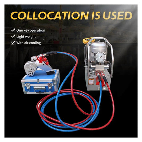 Heavy Duty Hydraulic Torque Wrench With Square Drive Made From Strong Aircraft Alloy Offering Dual Rotation Swivel Manifold And Speedy Quick Couplings, featuring lightweight pump with hoses.