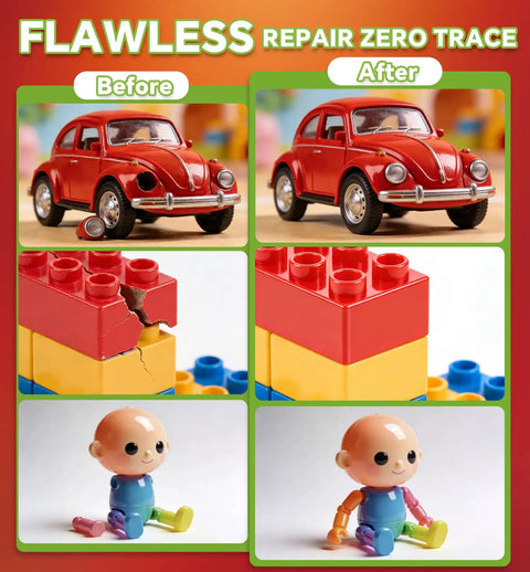Before and after images showcasing Hella Fast Drying Super Glue For Plastic Repair And Model Fixing for cars and toys.