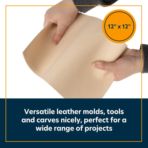 Hands holding a 12x12 inch Straight Up Quality Veg Tan Cowhide Sheets For Authentic Leather Crafting, perfect for projects.