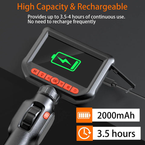 Two Way Articulating Borescope With 1080P HD Endoscope Camera And 8 LED Lights showing high capacity rechargeable feature