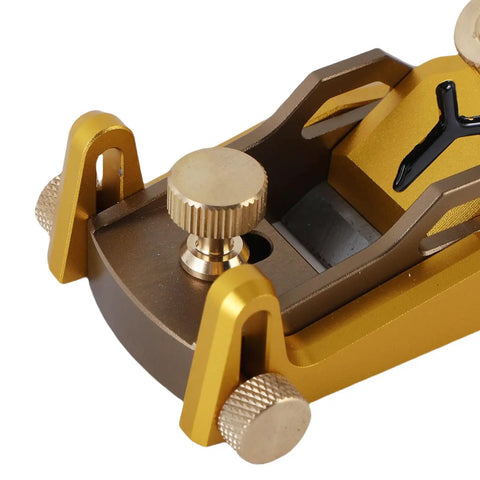 Rock Solid Aluminum Short Planer For Fine Woodworking, Adjustable Precision Low Angle Hand Plane top view with knobs and blade.