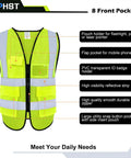 Road Warrior Reflective Safety Vest With Five Big Cargo Pockets And Secure Full Zipper Front Ansi Approved Super Bright Neon Yellow High Viz Workwear, front view with eight pockets and reflective strips.