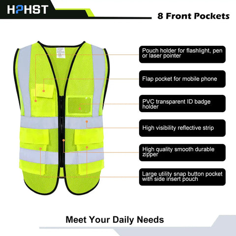 Road Warrior Reflective Safety Vest With Five Big Cargo Pockets And Secure Full Zipper Front Ansi Approved Super Bright Neon Yellow High Viz Workwear, front view with eight pockets and reflective strips.