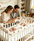Parents playing with baby in crib with Breathable Cotton Gauze Bed Rail Teething Protector For Crib Sides Soft Friction Reducing Bite Guard