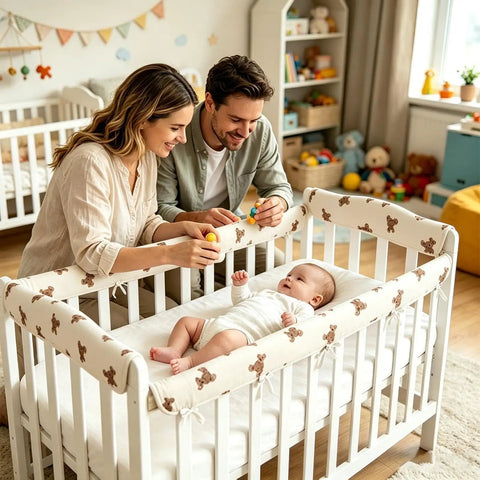 Parents playing with baby in crib with Breathable Cotton Gauze Bed Rail Teething Protector For Crib Sides Soft Friction Reducing Bite Guard