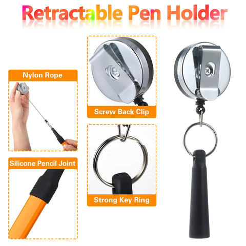 14 Piece Carpenter Pencils Set 7 Inch Flat Octagonal Heavy Duty Woodworking Pencils With Sharpener And Retractable Pen Holder For Contractors And Carpentry Yellow retractable pen holder with nylon rope, screw back clip, and key ring