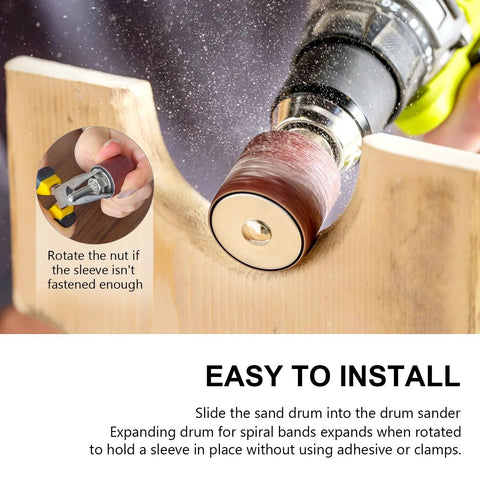 scottchen PRO 2-inch sanding drum set installed on drill press; brown abrasive sleeve sands wood.
