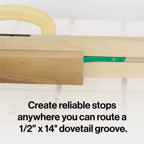 MicroJig MatchFit Pop Stop 6-Pack: Pro Go-To Dovetail Track Stops in 1/2" x 14° groove, low-profile view