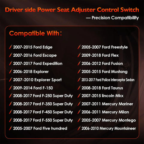 Replacement Power Seat Switch Driver Side Fits 09 14 F150 And 08 17 F250 F350 Crew Cab Trucks With OEM Fit And Premium Quality Easy Install Direct Replacement Durable Construction High Reliability Quiet Operation Seamless Function; fitment list graphic