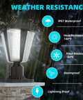 Solar Post Light Fixture 160LM Dusk To Dawn LED 3000K Warm Light with weather resistance features in rain illustration.