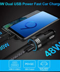 48W USB C Car Charger With Built In 30W Type C Cable Fast Charge Android Car Adapter and USB-A port charging two smartphones