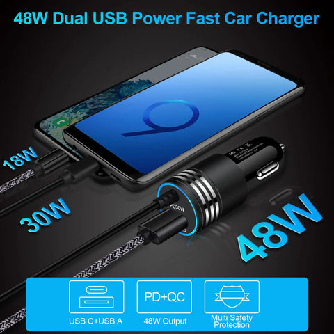 48W USB C Car Charger With Built In 30W Type C Cable Fast Charge Android Car Adapter and USB-A port charging two smartphones