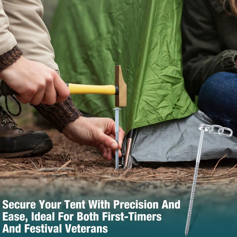 Securing tent with Lag Screws Three Eighths Heavy Duty Bolts With Chain Links And Washers Tent Stakes Kit in desert.