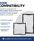 Heavy Duty Commercial Dryer Lint Screen Replacement With Frameless Mesh Filter For Industrial Laundromats Built For The Grind Pack Of Five, showcasing compatibility with various dryer brands.