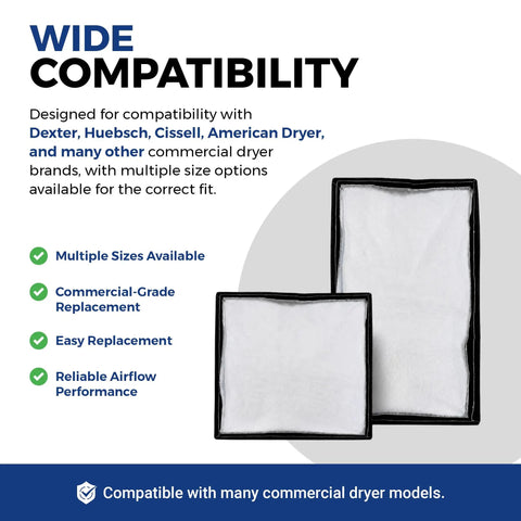 Heavy Duty Commercial Dryer Lint Screen Replacement With Frameless Mesh Filter For Industrial Laundromats Built For The Grind Pack Of Five, showcasing compatibility with various dryer brands.